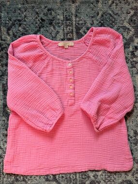 LOFT Pink Button-Front Gauze Scoop-Neck Blouse